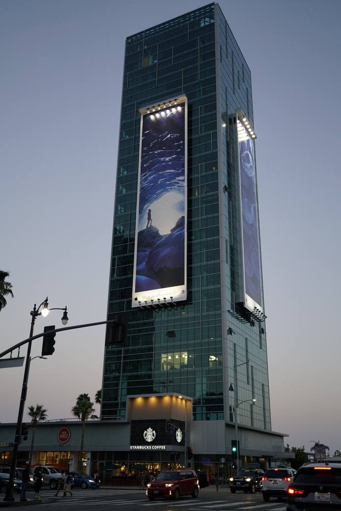 The photograph on a tower in Los Angeles